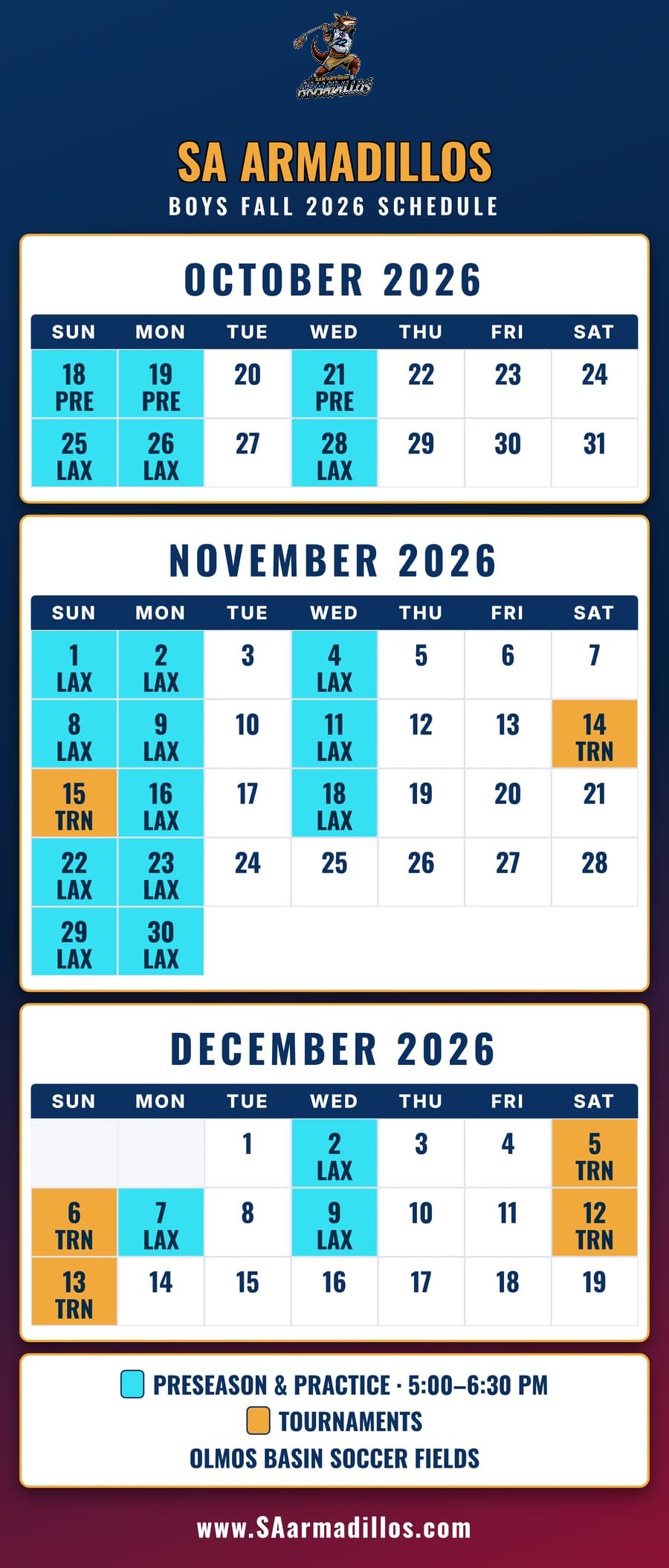 SA Armadillos boys Fall 2026 lacrosse practice and tournament calendar, San Antonio
