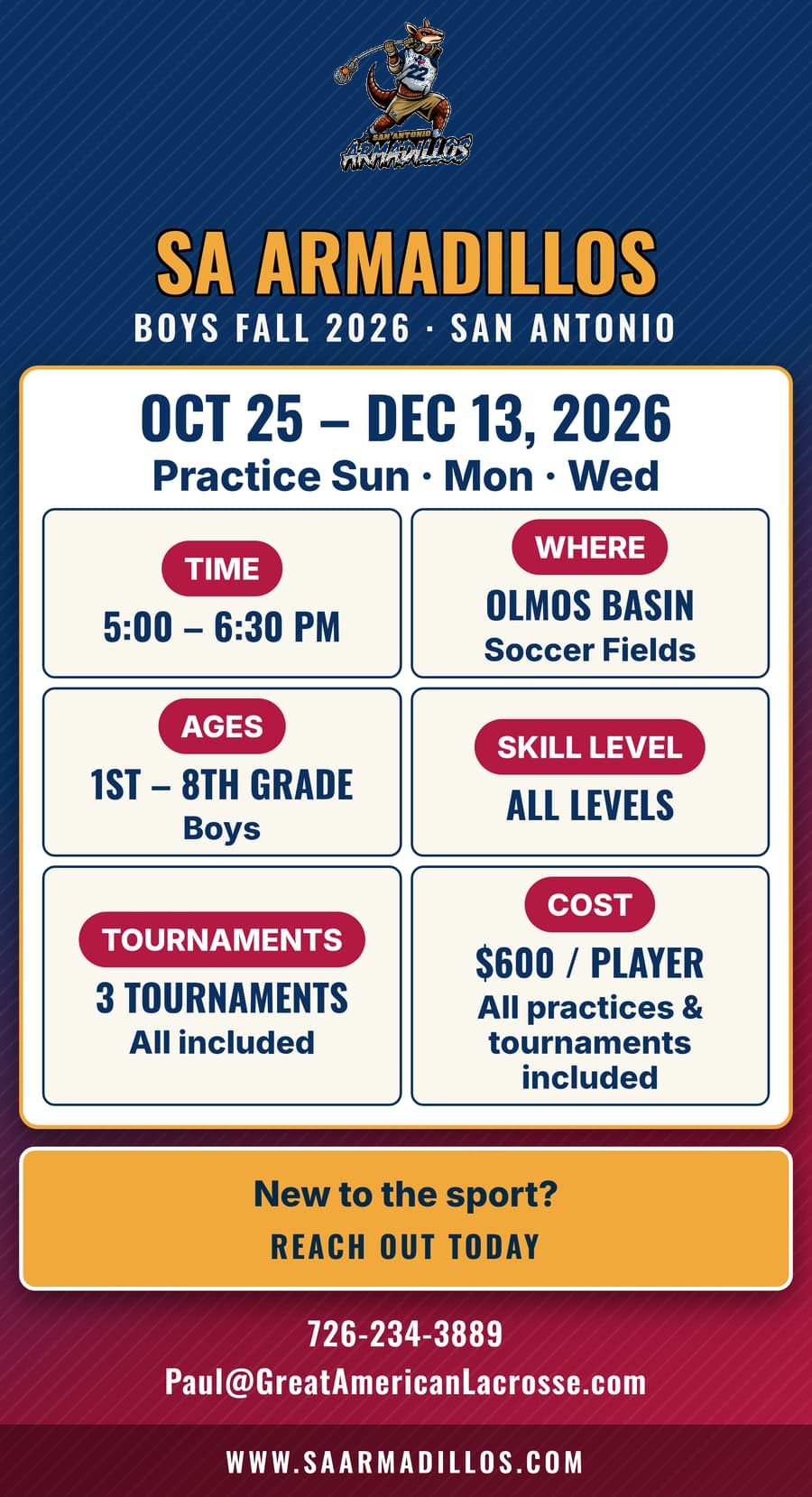 SA Armadillos boys Fall 2026 lacrosse season flyer, San Antonio