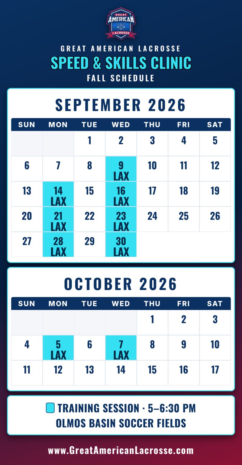 Speed and Skills Lacrosse Clinic month calendar for September and October 2026 at Olmos Basin Soccer Fields in San Antonio