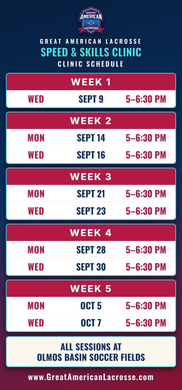 Speed and Skills Lacrosse Clinic weekly schedule, nine sessions Mondays and Wednesdays, Fall 2026 San Antonio