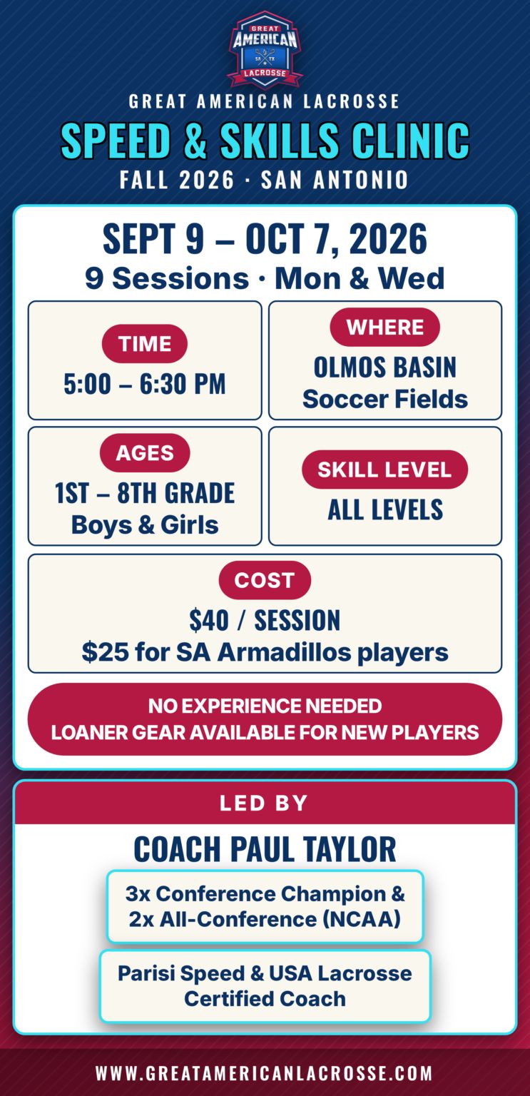 Great American Lacrosse Speed and Skills Lacrosse Clinic flyer, Fall 2026, San Antonio