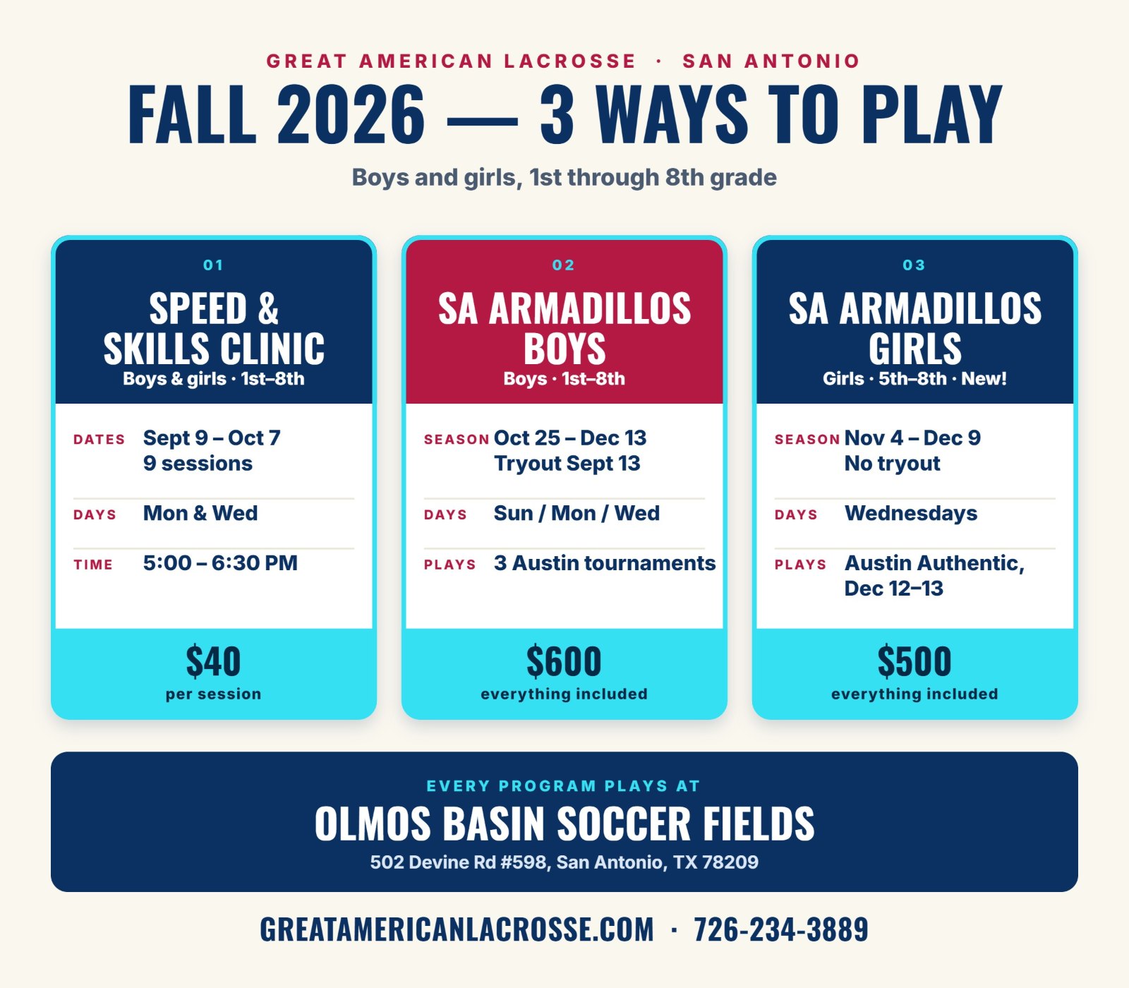 Fall 2026 youth lacrosse programs in San Antonio — Speed & Skills Clinic, SA Armadillos Boys and SA Armadillos Girls, with dates, times and cost